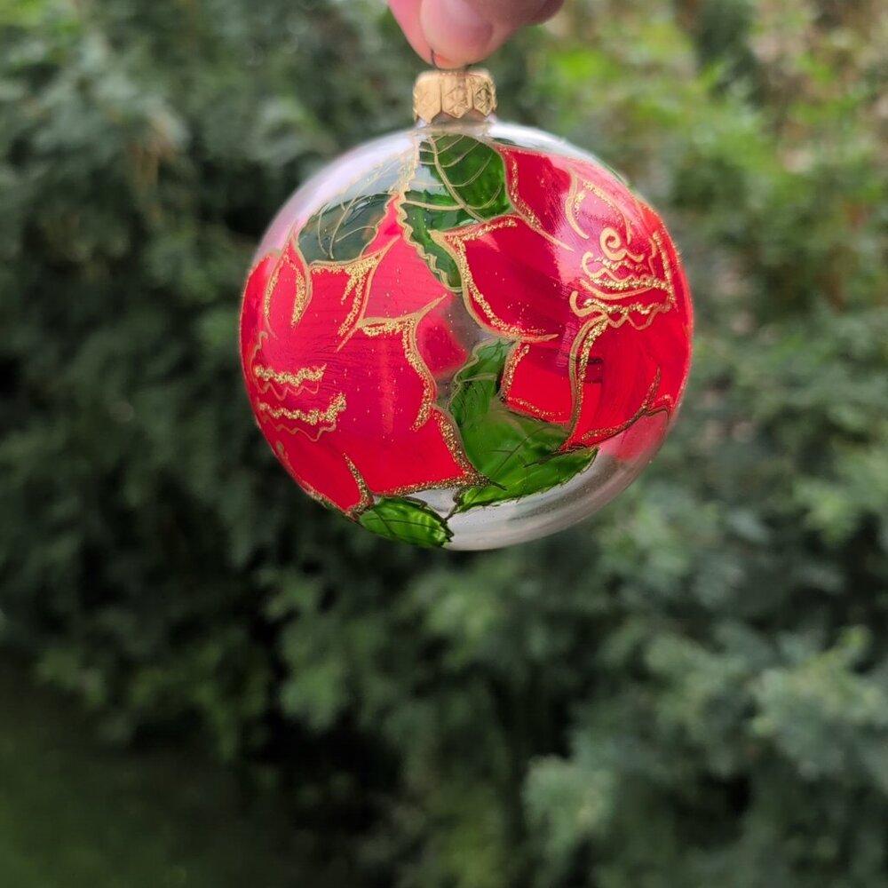 Vintage Living Quarters Glass Sphere With Hand painted Red Flowers - Picture 3 of 3